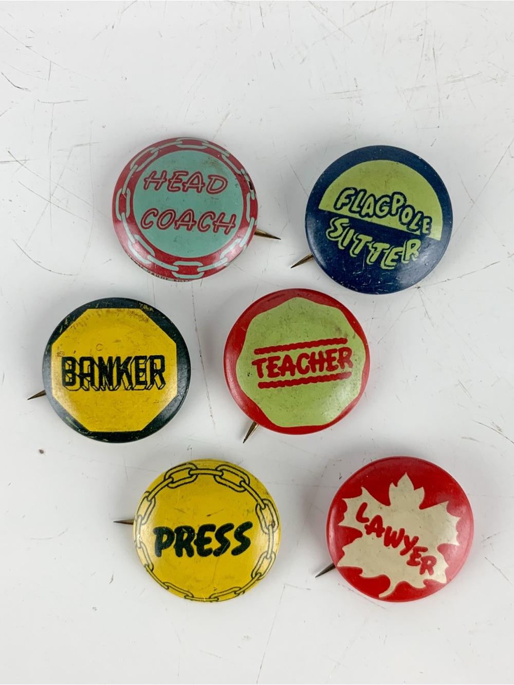 Six Vintage Occupation Pin Back  Buttons Flagpole Sitter Teacher Lawyer Coach